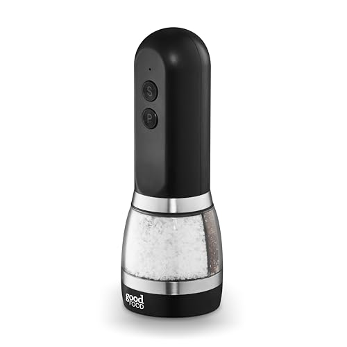 Good Food in Partnership with Tower Duo Salt & Pepper Mill, Rechargeable with Adjustable Ceramic Grinders, Individual Push Buttons, Black with Brushed Chrome Accents, GF847069