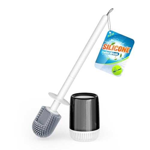 Image of Silicone Toilet Brush, L-Shaped Toilet Brush and Holder Set, Bathroom Toilet Brush with Long Non-Slip Handle, Wall Mounted or Floor Standing Design, for Home and RV Use