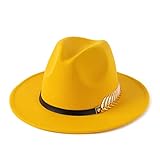 HUDANHUWEI Women's Wide Brim Fedora Panama Hat with Metal Belt Buckle W Yellow
