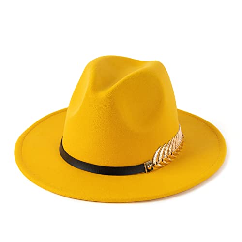 Hudanhuwei Women's Wide Brim Fedora Panama Hat With Metal Belt Buckle W Yellow #TOP9