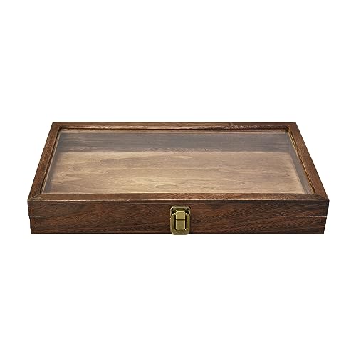 MOOCA Natural Wood Glass Top Jewelry Display Case Accessories Storage Box with Metal Clasp, Wooden Jewelry Tray for Collectibles, Home Organization, Brown