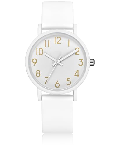 Reloj Mujer con Correa de Silicona: Analógico Resistente al Agua Simple Casual Moderno Cuarzo Relojes de Pulsera Esfera Grande Blan