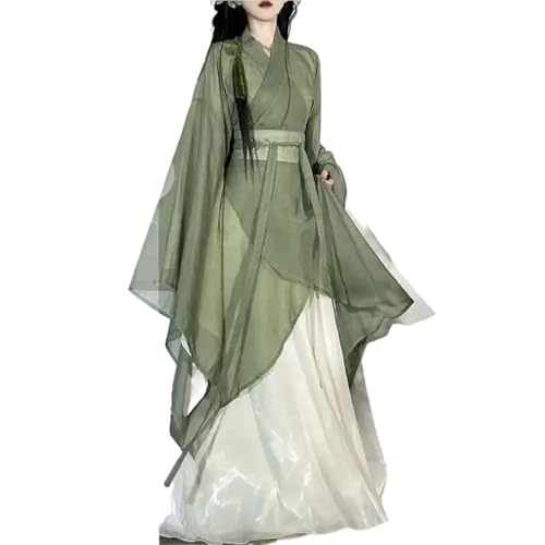 Women’s Chinese Wei Jin Dynasty Style Fairy Sleeve Dress Cross Collar Waist Cinching Elegant Daily Outfit