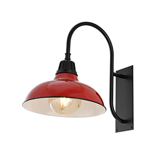 Image of JONATHAN Y 12.25 inch Red /Black 1-Light Farmhouse Gooseneck Outdoor Wall Sconce Lamp, with Black Metal Bowl Shade, Industrial Iron LED Porch Light for Patio Garage Entryway (JYL7614E)