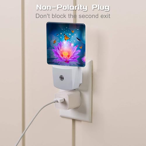 Image of Purple Lotus Flowers Butterflies Night Light for Kids,Glowing Lotus Butterfly Night Light Plug in with Dusk to Dawn Sensor,0.5w Energy Saving Nightlight for Hallway Stairway Kitchen Bedroom