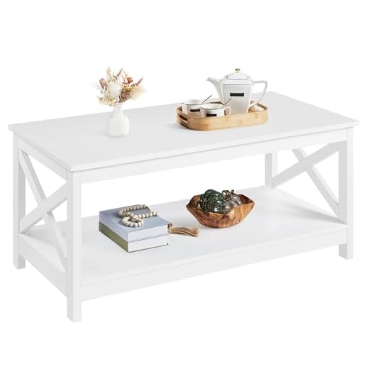 Yaheetech Wooden Coffee Table, 2 Tier Coffee Table with Open Storage Shelf for Living Room, Modern Style Centre Tea Table End Table For Home, Office, Furniture, White