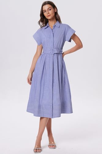 Image of Ladyful Women Casual Button Down Shirt Dress Short Wing Sleeve Buiness Midi Shirt Dress with Belt Elegant Dress