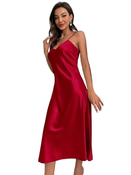 Satin Sleepwear Nightgown for Women A-Line Midi Length Slip Dress with Adjustable Straps Soft Silky Comfortable Nightwear for Ladies Elegant Satin Night Dress for Bedroom & Honeymoon-image-3