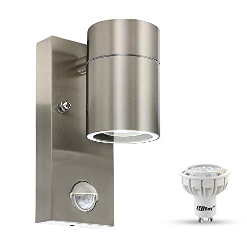 Preisvergleich Produktbild HiBay LED Wandleuchte mit Bewegungsmelder PIR Wandlampe 230V Edelstahl Aussenleuchte IP44 außenbeleuchtung, inkl. 1x 7W GU10 Lampen Kaltweiß