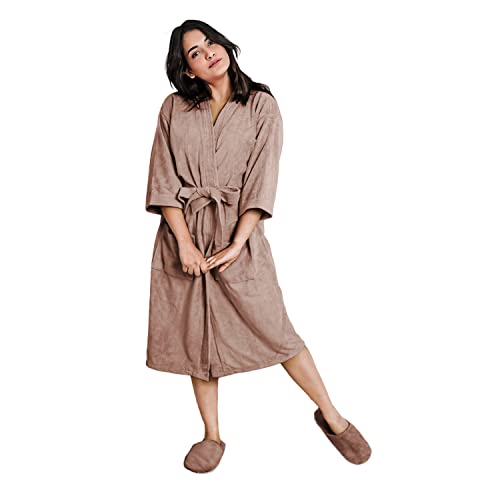 Image of Sassoon Venir Microfiber Bathrobe with Slippers for Men & Women, Unisex Luxury Bathrobe Towel, Spa Robe Combed (Pack of 1) - Peanut Color