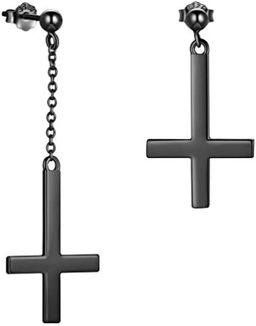 Mens Inverted Cross Earrings Asymmetric Upside Down Cross Dangle Earrings Black Gun Plated Over 925 Sterling Silver Earrings Gothic Cross Earrings for Men Cross Jewelry Gift for Christmas Day FE0076K