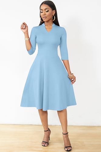 Image of Nmoder Casual Dresses for Women Semi Formal Fit and Flare 3 /4 Sleeve A-line Church Work Dress with Pockets