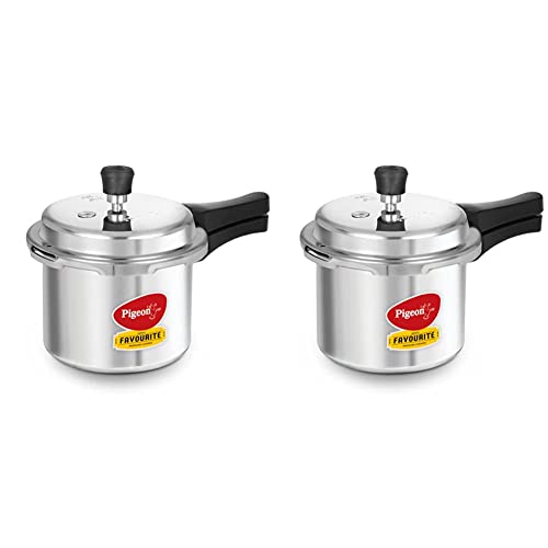 Pigeon By Stovekraft Favourite Induction Base Aluminium Pressure Cooker with Outer Lid, 3 Litres (Silver) + Favourite Outer Lid Non Induction Aluminium Pressure Cooker, 3 Litres, Silver