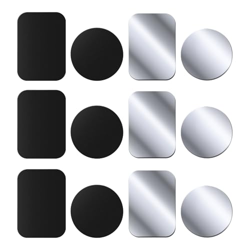12-Pack Metal Plates for Magnetic Phone Holders, Ultra-Thin Adhesive Backing Metal Plates for Car Magnetic Phone Mounts, 3 Rectangular & 3 Round Black + 3 Rectangular & 3 Round Silver