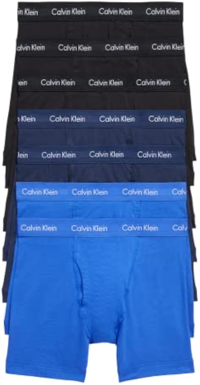 Calvin Klein Men's Cotton Stretch 7-Pack Boxer Brief, 3 Black, 2 Blue Shadow, 2 Cobalt Water, L