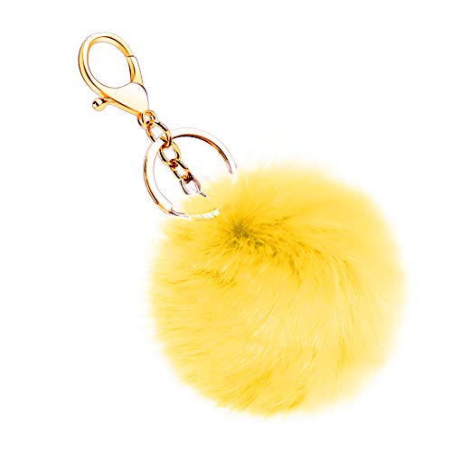 Soleebee Soft Artificial Rabbit Fur Keychain Plom Pom Key Ring Cute Plush Ball Bag Charm for Women Girls (Yellow)