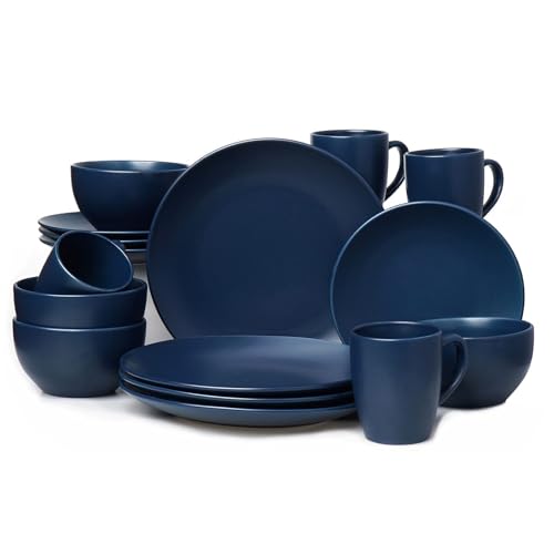 HOMD 16-Pieces Stoneware Dinnerware Set Kitchen Dinnerware Ceramic Crockery Set Dinner Service Set for 4 Include Dinner Plate Dessert Plate Cereal Bowl and Mug (Navy Blue)