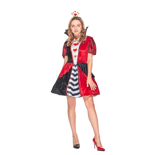 EraSpooky Herzkönigin Kostüm für Damen – Inspiriert von Alice im Wunderland – Halloween Kleid mit Krone