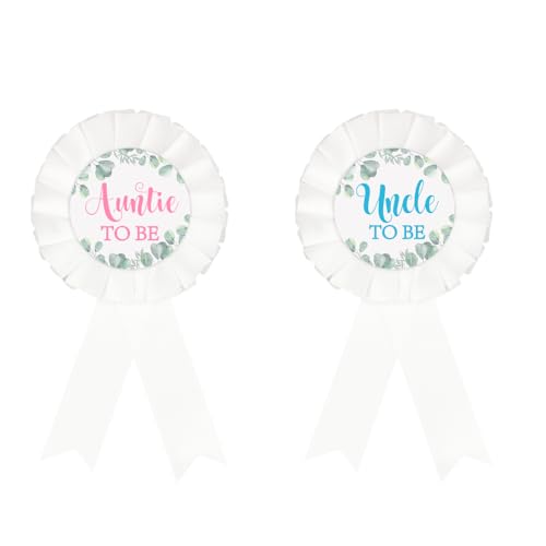GDTO8820 Auntie To Be Tinplate Badge Pin, Uncle To Be Tinplate Badge Pin, Gender Reveal Baby Shower Pin, Green Leaves Aunt Satin Fabric Button, Uncle Satin Fabric Button Party Decoration - White 2pcs