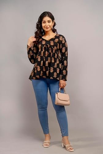 Image of Women's Floral Print Reyon Peplum Top - Casual Loose Fit 3 /4 Sleeve Tunic top, Stylish V-Neck Flared Kurti, Comfortable Everyday Wear
