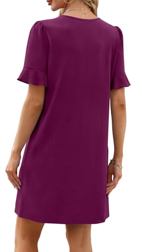Image of OFEEFAN Summer Dresses for Women Ruffle Short Sleeve V Neck Casual Shift Dress with Pockets