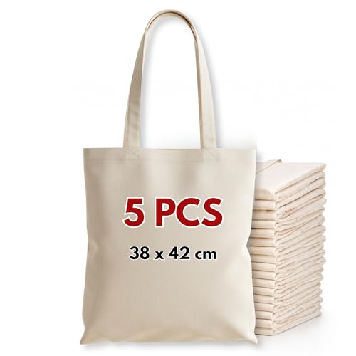Cotton Tote Bags Bulk Shopping Bag Cotton Bags Multipack 100% Cotton Canvas Reusable Grocery Cloth Bag Extra Strong Long Handle Double Stitched Ideal for Printing 5 10 20 pack (5 Natural)