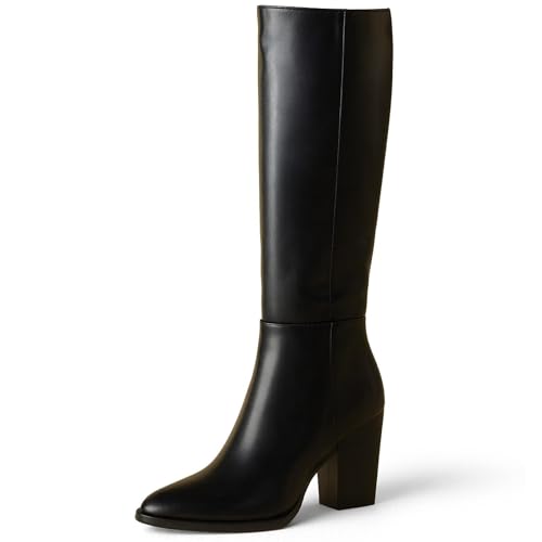 Putu Women's Knee High Boots Pointed Toe Tall Boots Stacked Chunky Heeled Boots with Zipper