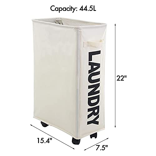 Mziart 22" Rolling Slim Laundry Basket With Stand Foldable Waterproof Sorter And Organizer On Wheels Tall Thin Dirty Laundry Hamper Dorm Home Corner Bin Storage Basket (Beige) #TOP2