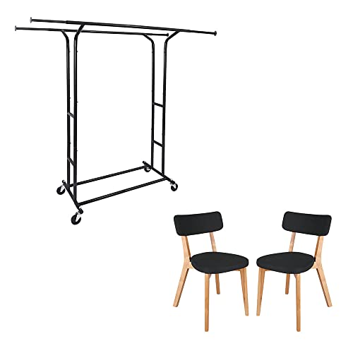 Fishat Heavy Duty Garment Rack & Ash Solid Wood Dining Chair Set Of 2 (Black) #TOP24