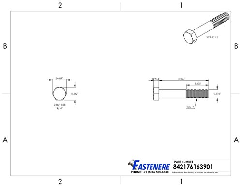 Image of 3 /8-16 x 2-1 /4 inch Hex Head Cap Screw Bolts, External Hex Drive, Stainless Steel 304, Partially Threaded, Stainless Steel, Quantity 10