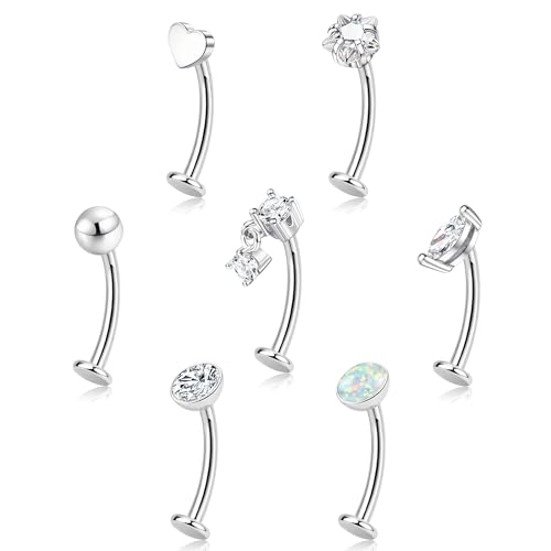 ORAZIO 7 Pcs Belly Button Ring Surgical Steel Hypoallergenic Floating Belly Button Rings for Women Flat Back CZ Opal Internally Threaded Long Bar Navel Piercing Jewelry 14G Gold Silver Tone 14mm S1