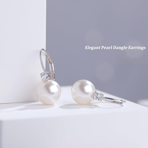 925 Sterling Silver Pearl Leverback Earrings for Women 5A+ Cubic Zirconia Diamond Simulated Pearl Jewelry 10MM3