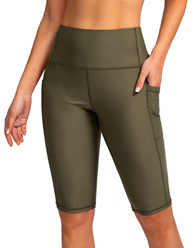 Image of SANTINY Women's High Waisted Swim Shorts with Pockets UPF50+ Long Board Swimming Shorts for Women with Liner