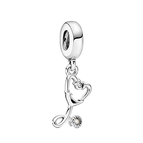 Stethoscope Heart Dangle Charm Sterling Silver Heartbeat Bead fit European Bracelet Necklace