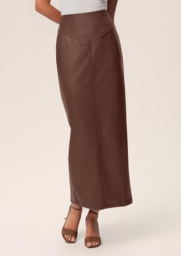 PRETTYGARDEN Long Skirts for Women 2025 Fall Fashion Clothing Faux Leather High Waist Dressy Casual Slit Pencil Maxi Skirt4