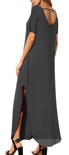 Image of GRECERELLE Women's Summer Maxi Dress Casual Loose V Neck Short Sleeve Side Split Long Dresses with Functional Pockets