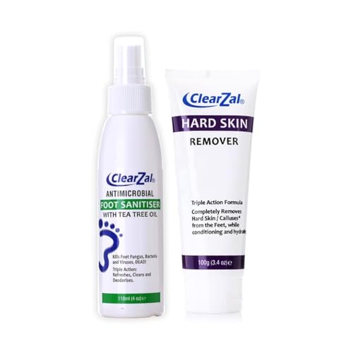 Clearzal Reset Duo Foot Care Set, Hard Skin Remover 3.4 oz and Tea Tree Oil Sanitizer 4 oz, Triple Action Formula For peeling and roughness of hands and feet