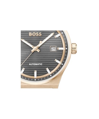 Image of BOSS Candor Auto Mech-Automatic Grey Round Dial Men's Watch|Ionic Plated Rose Gold Steel Material|Rose Gold Color Band - 1514185