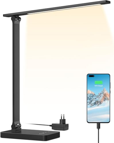 Lepro Lampe de Bureau LED 15W avec Port USB Séparé Lampes Bureau Dimmable 96LEDs 655LM, Pied Réglable, Moderne, Contrôle Tactile, Anti-Éblouissement Pour Lecture Travail Manucure Couture - Noir