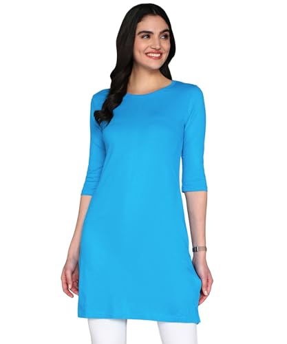 Image of FLEXIMAA Women's Cotton Plain Round Neck 3 /4 Sleeve Long Top