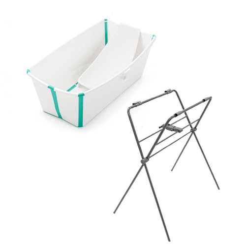 CRiOH! Set de Bañera Stokke Flexi Bath + Soporte Recién Nacido + Patas, Bañera Stokke Plegable, desde el Nacimiento hasta los 4 años, Instalación Fácil, Color Blanco Aqua, 1.0 Unidad