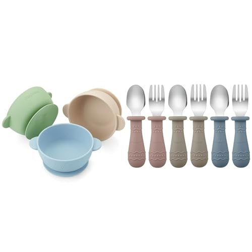 Image of PandaEar 3 Pack Baby Bowls & Toddler Utensils (Blue/Brown/Red)
