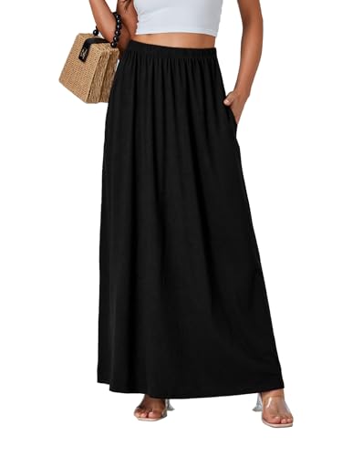 Women's Casual Elastic High Waist Flowy Hem A Line Maxi Long Skirt with Pockets
