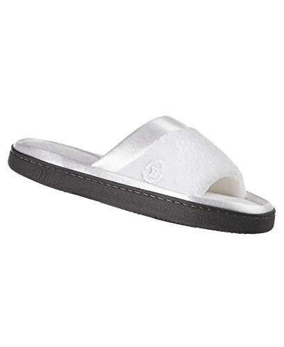 isotoner Women's Microterry Slide Slipper with Satin Trim, White, 8.5/9