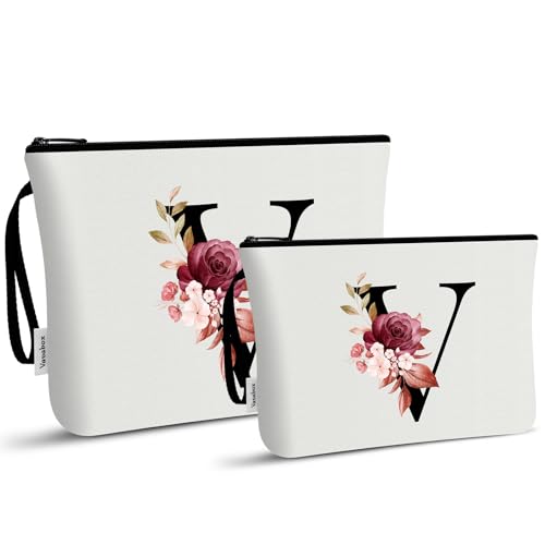 Image of Vavabox A-Z Personalized Makeup Bag, Birthday Gifts for Women Mom, Gifts for Best Friend, Bride Bridesmaid Cosmetic bag (V, 03-White Set)