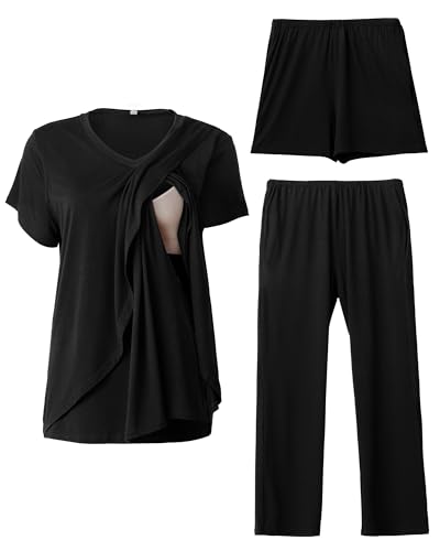 Rnxrbb V Neck Nursing Pajamas Set 3 Pack Postpartum Pjs Breastfeeding Sleepwear for Women Double Layer with Pockets,Black-2XL