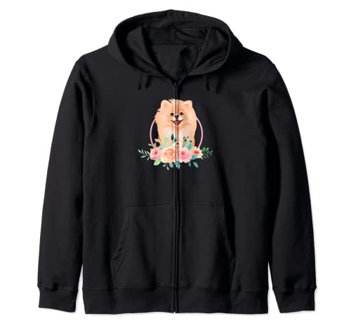 Pomeranian Flowers Pommy Pom Perro Raza Alemán Spitz Puppy Sudadera con Capucha