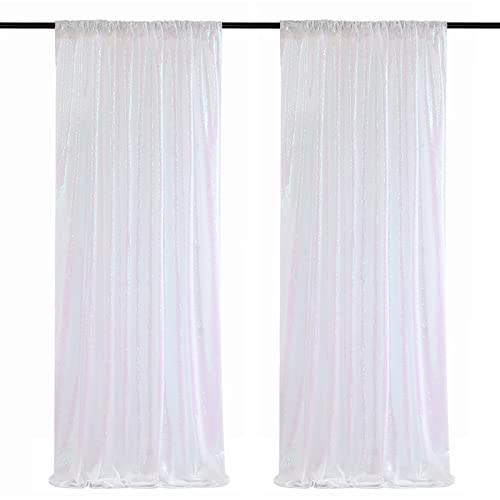 Image of Sequin Curtains 2 Pieces White Iridescent 2FTx8FT Sequin Backdrop Glitter Fabric Background for Christmas Party Decoration Brithday Party Wedding Decorations