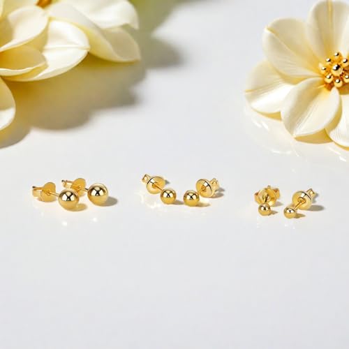 Gold Stud Earrings for Women 14K Gold Ball Stud Earrings Hypoallergenic Earring (3-Pair-Pack) 3MM 4MM 5MM with Butterfly Pushbacks3