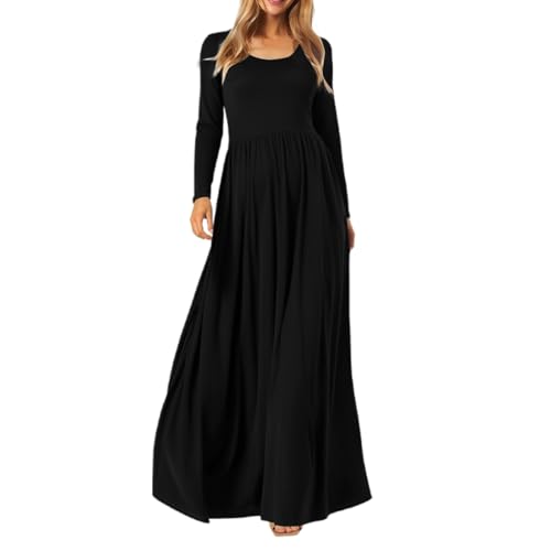 Vestido informal para mujer, con cintura elástica, elegante, cuello redondo, manga larga, corsé, vestido de vacaciones, informal, suelto, túnica, vestido de noche, vestido básico, Negro , XL